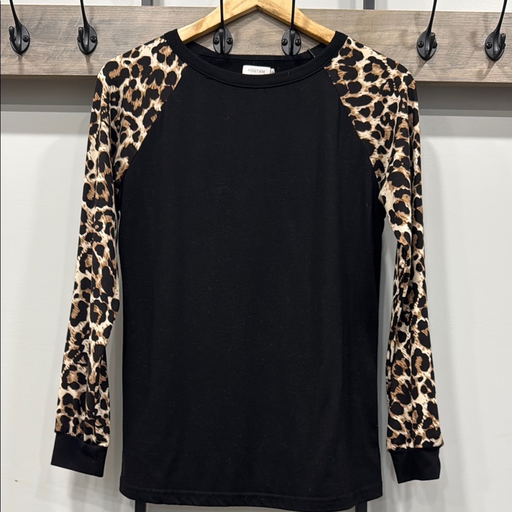 Black and Leopard Print Long Sleeve Top